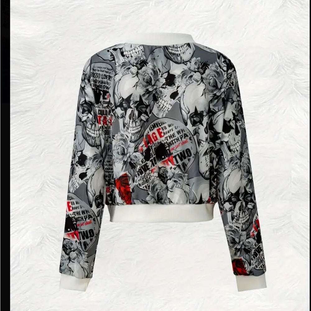 Women's Graphic Skull Print Jacket Grey - Picture 2 of 10